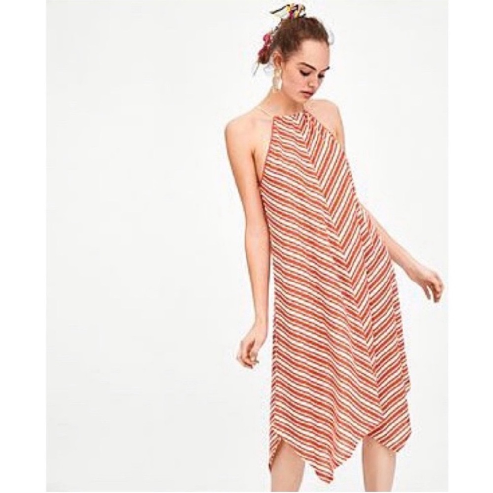 Zara dress orange white striped midi handkerchief hem tie cutout